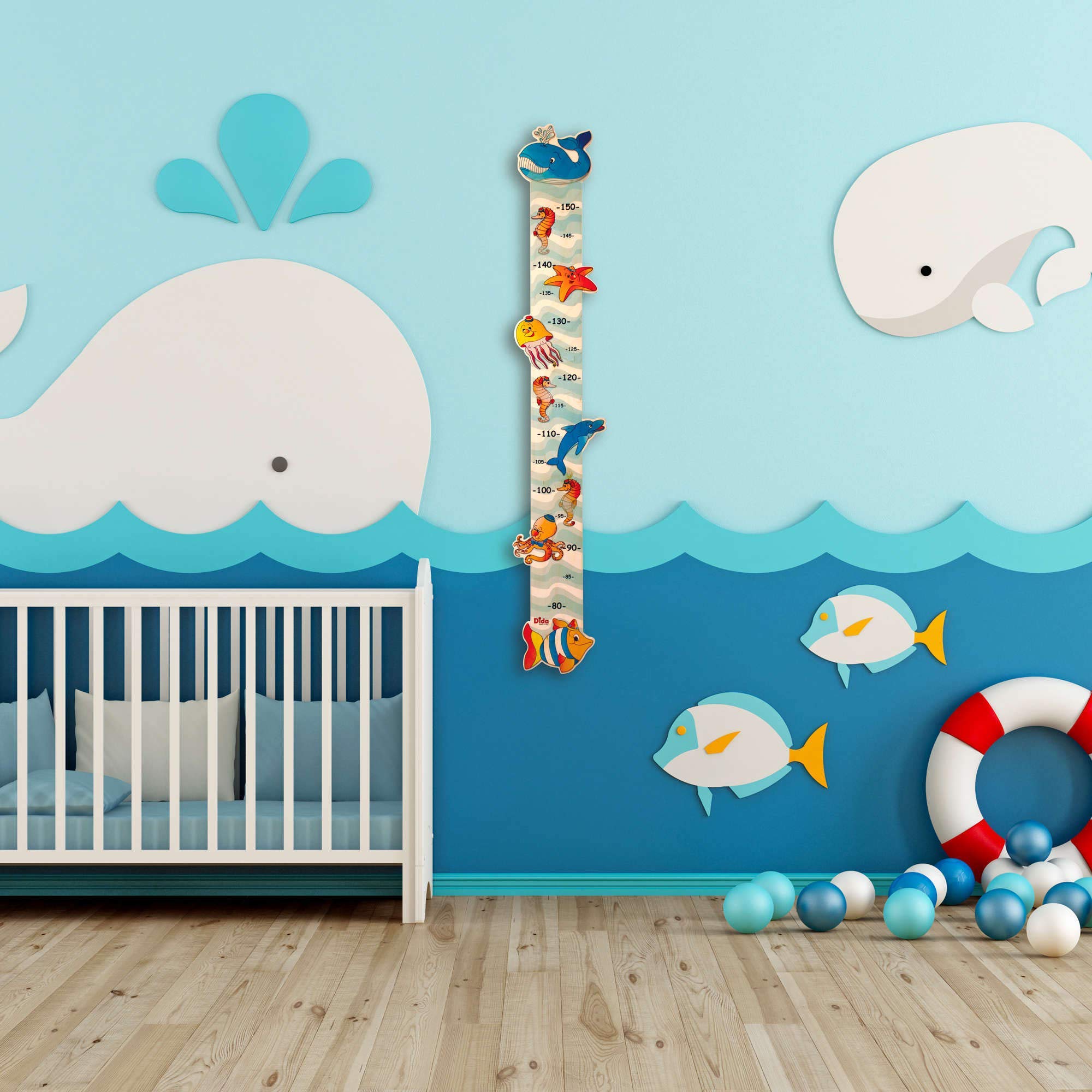 Dida - Animaux Marins Toise Murale en Bois pour Enfants, Mesure Jusqu'à 150 cm, Accessoires de Croissance pour la Chambre d'Enfant, Mesurer et Grandir avec les Animaux Marins