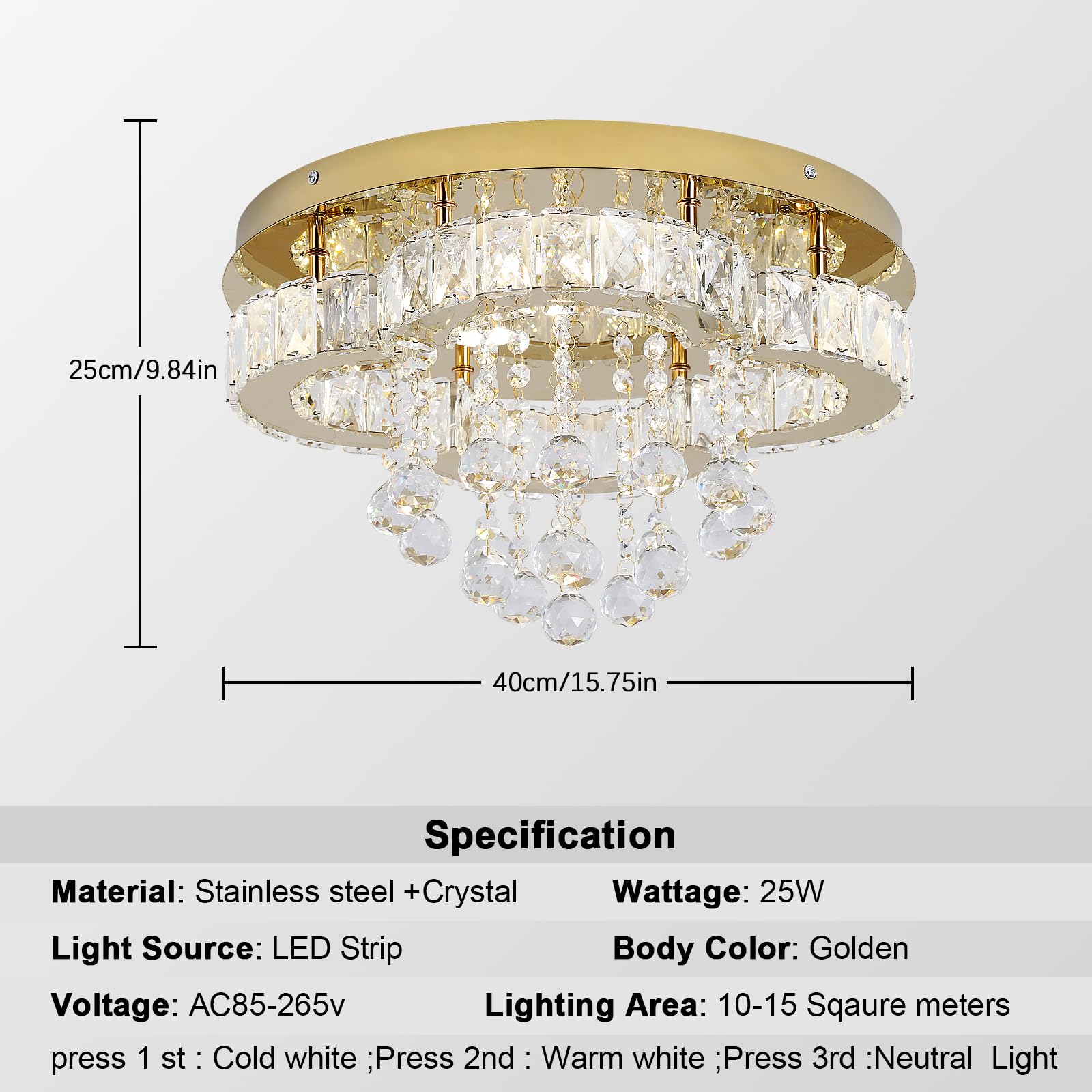GreeLustr Moderne Kristall Kronleuchter für Wohnzimmer, Variables Licht Deckenleuchte Kristalle mit Elegantem Design für Schlafzimmer Flur Küche, Golden Deckenlampe Kristall für Decke (40cm)