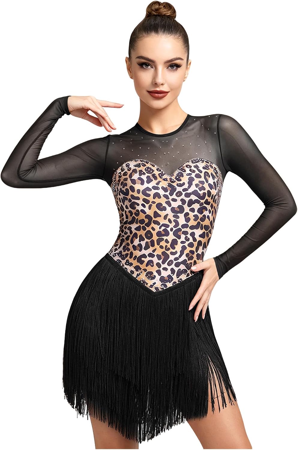 iEFiEL Women Latin Salsa Dance Dress Fringed Bodysuit