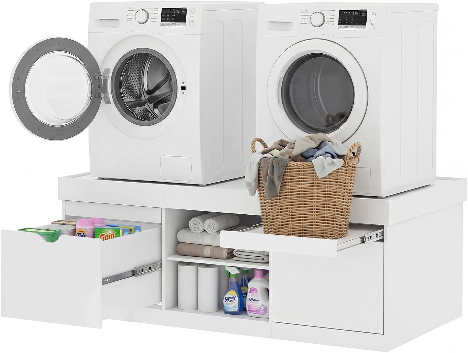 Washer and Dryer Pedestal, Heavy Duty Wooden Laundry Stand (White, 57.1" W)