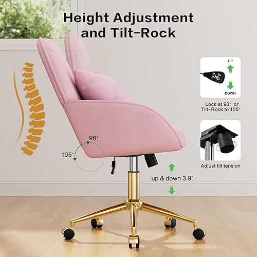 Miniatura 6 de Silla de escritorio para oficina en casa, cómoda con ruedas giratorias ajustables, moderna silla de tocador de maquillaje de terciopelo con respaldo
