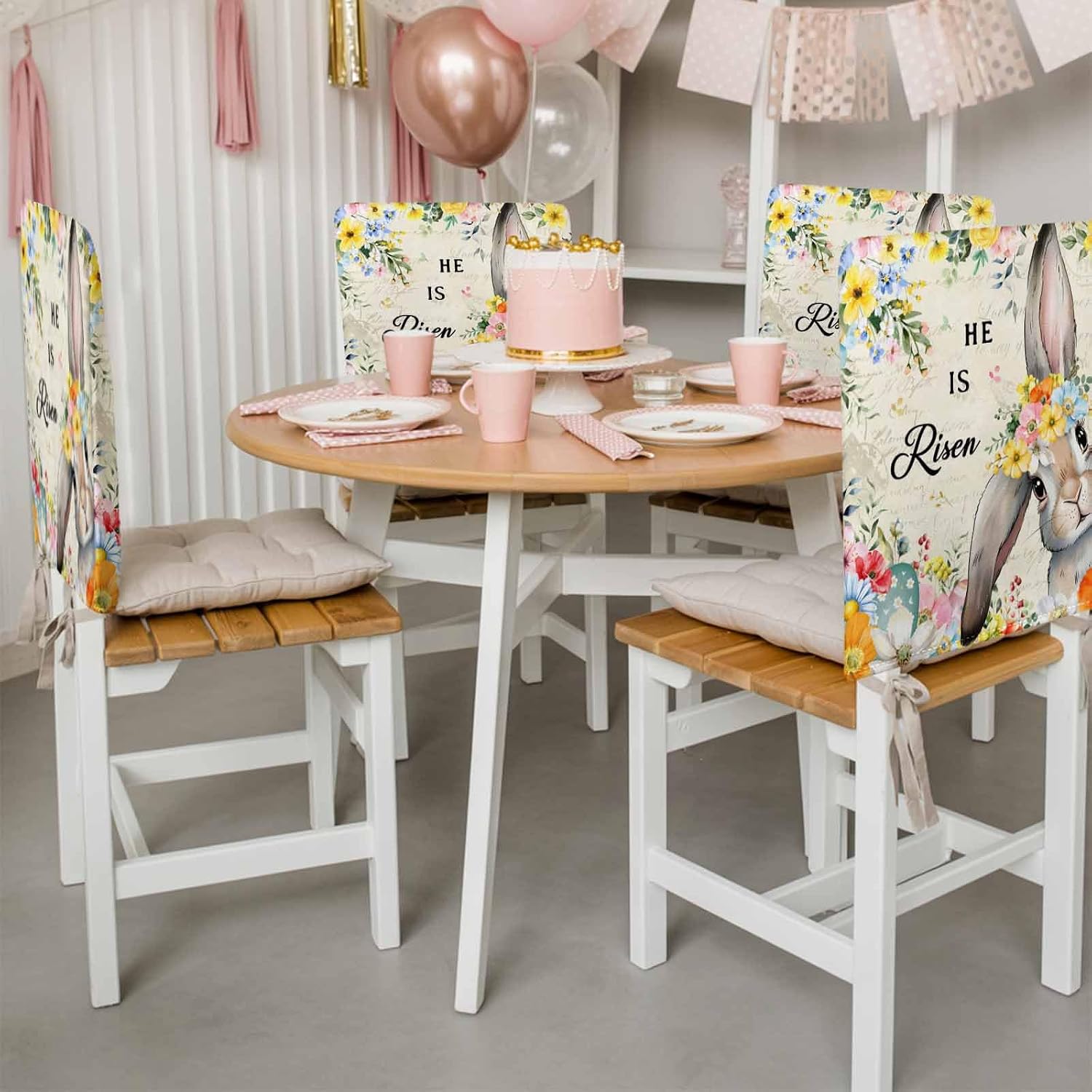 Happy Easter Chair Back Cover for Dining Room, Chair Covers Set of 6, Spring Bunny He Is Risen Yellow Flower Floral Beige Removable Washable Slipcovers for Kitchen Hotel Banquet Decor,18x19in