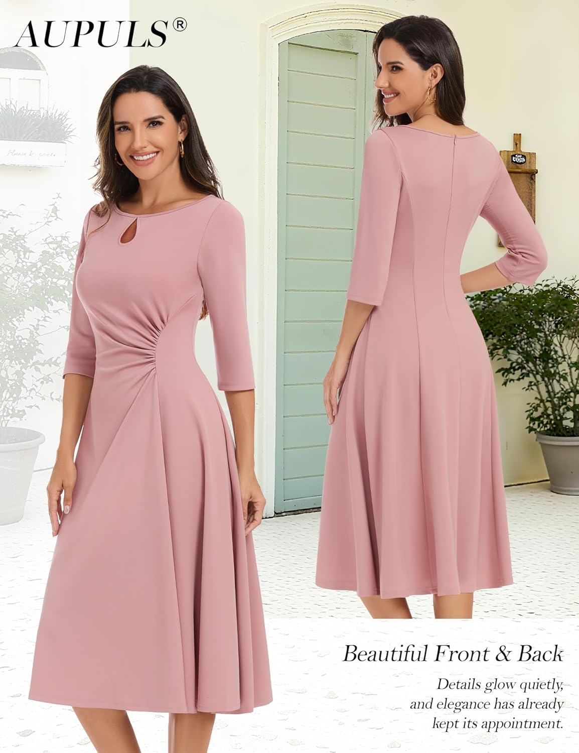 Aupuls 3/4 Sleeve Wedding Guest Dresses for Women Fit and Flare Midi Ruched Waist Formal Dress - Image 2