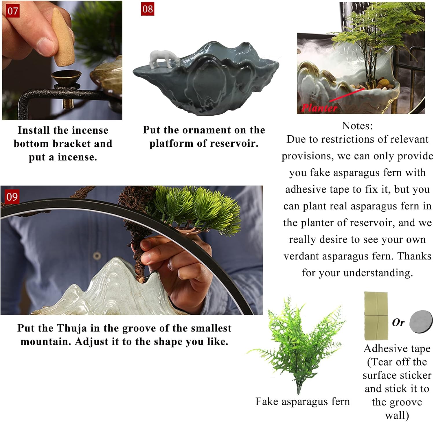 Peacock Tabletop Water Fountains Indoor Waterfall with LED Light Zen Decor for Meditation with Mist Japanese Decor with Fake Plants Feng Shui Decor for Good Luck Wealth