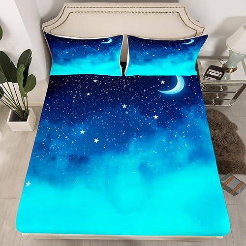 Juego de sábanas de galaxia tamaño individual, diseño de estrellas de luna, juego de ropa de cama para niños y niñas, nebulosas, universo,