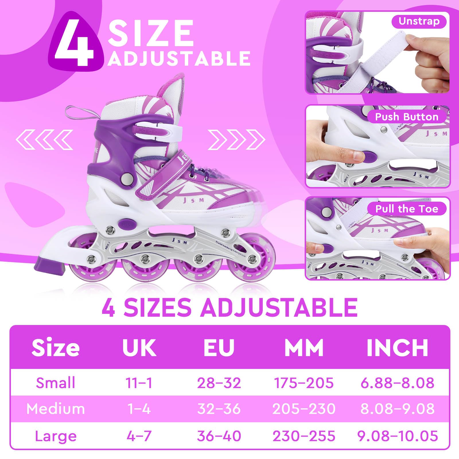 Pattini in linea regolabili per bambini ragazze ragazzi principianti, Pattini a rotelle rosa e viola per bambino e adolescente per lo sport