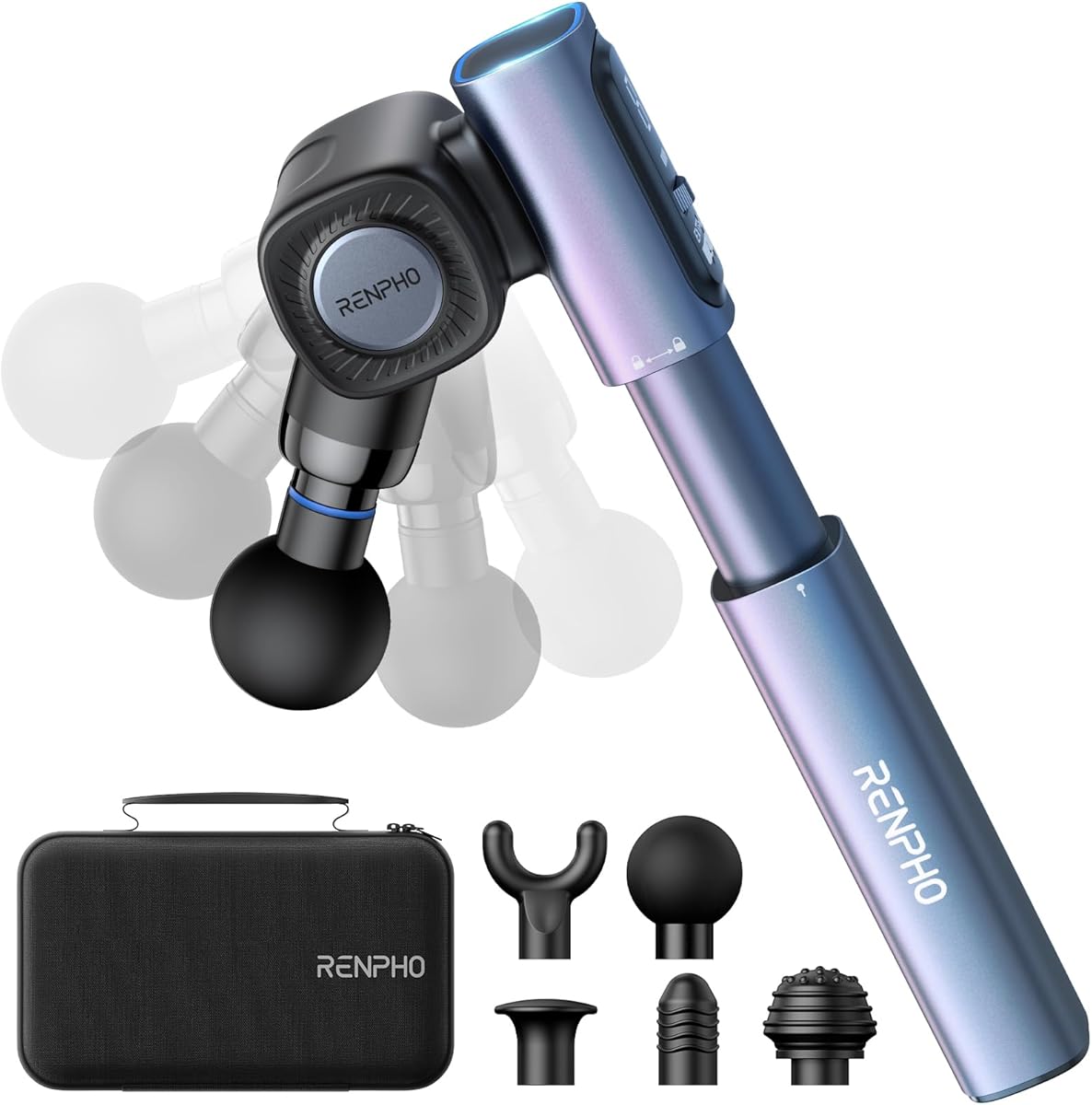 RENPHO Massage Gun with Adjustable Angles and Extension Handle, Christmas Gifts, Handheld Percussion Muscle Massager Deep Tissue with Portable Carry Case for Men Women, Extend 2