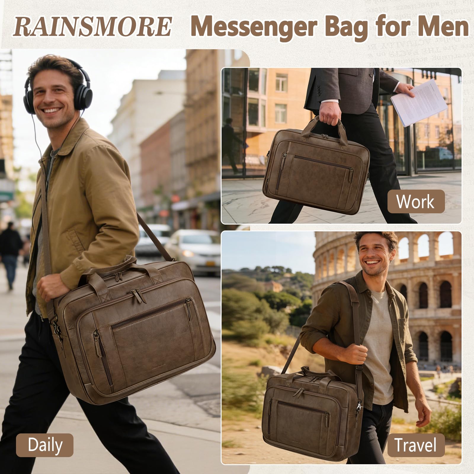 RAINSMORE Borsa per computer da uomo 16 pollici in pelle PU Valigetta per PC Tablet Cartella impermeabile Borsa a tracolla per lavoro Affari Università
