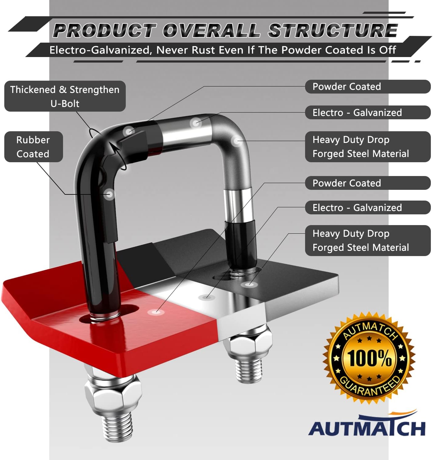 AUTMATCH Shackle Hitch Receiver 2 Inch with Hitch Tightener Anti-Rattle Clamp, 3/4" D Ring Shackle and 5/8" Trailer Hitch Lock Pin, Heavy Duty Receiver Kit for Vehicle Recovery, Red