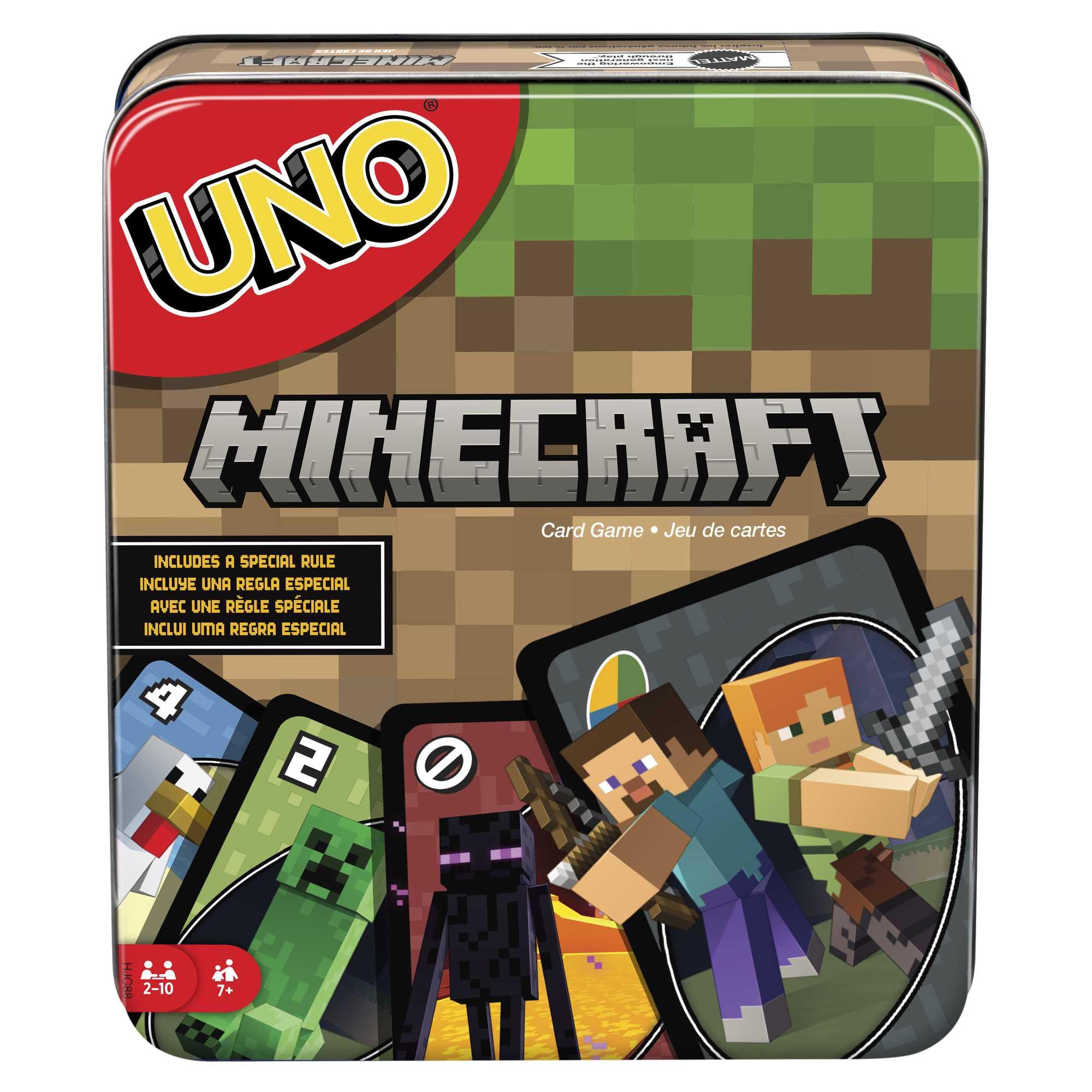 Mattel Games UNO Minecraft Gioco di Carte con Scatola in Metallo, 7+ anni | Mazzo ispirato al videogioco, con regola speciale, per bambini, ragazzi e serate in famiglia, 2-10 giocatori, HJC88
