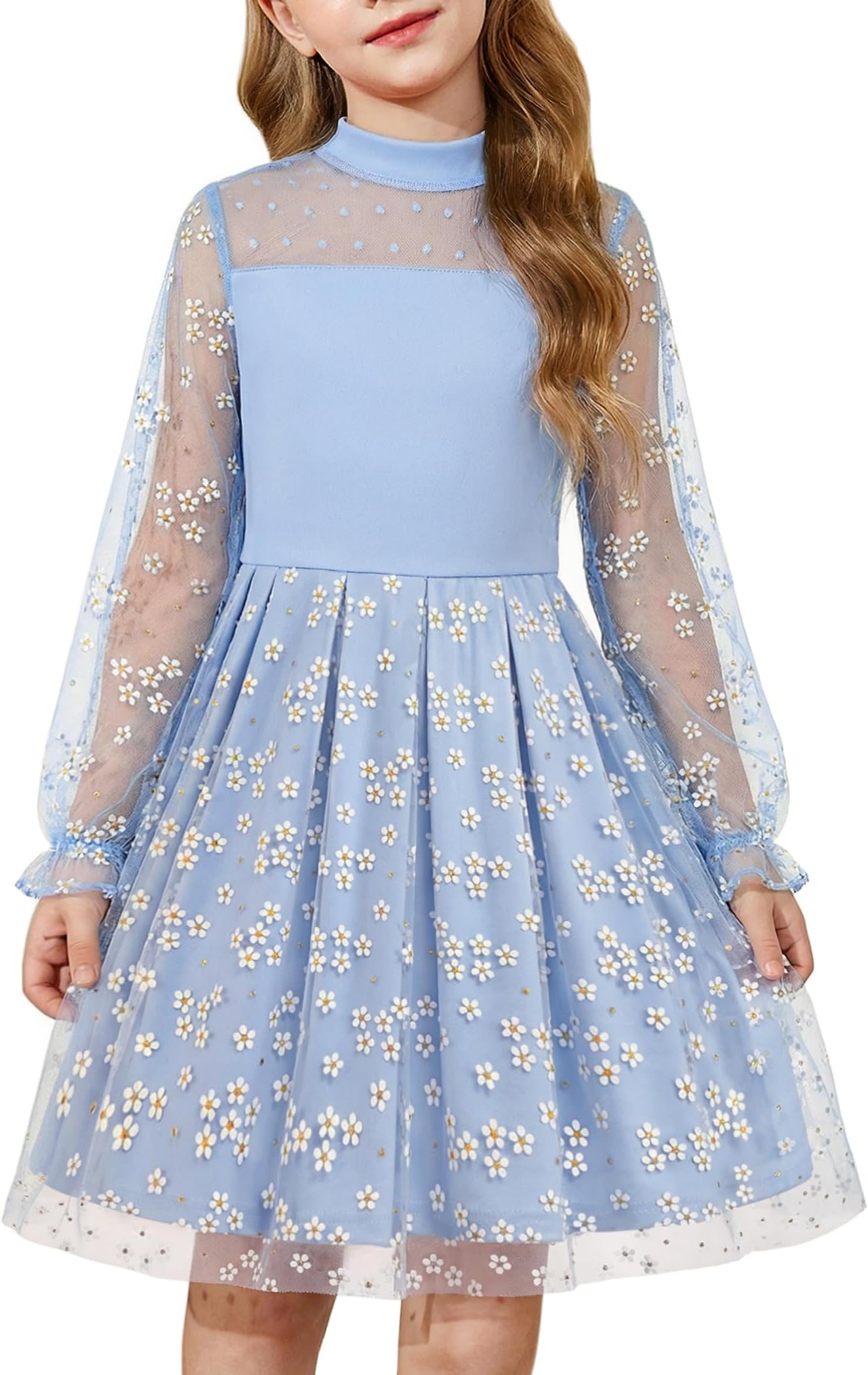 Girls Dresses Contrast Mesh Puff Long Sleeve Mock Neck Formal Party A Line Short Tulle Dress