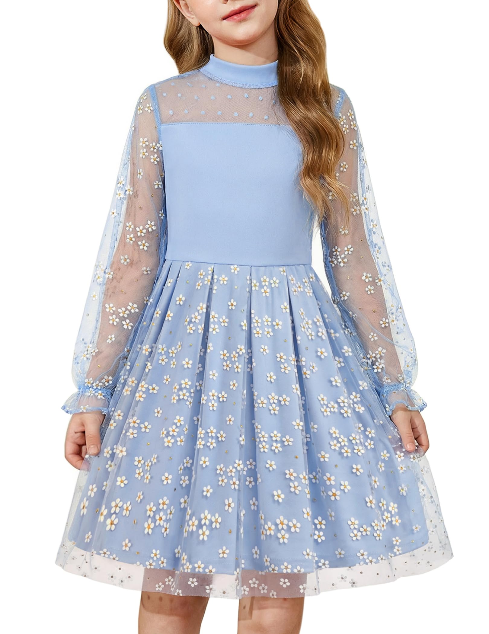 Girls Dresses Contrast Mesh Puff Long Sleeve Mock Neck Formal Party A Line Short Tulle Dress