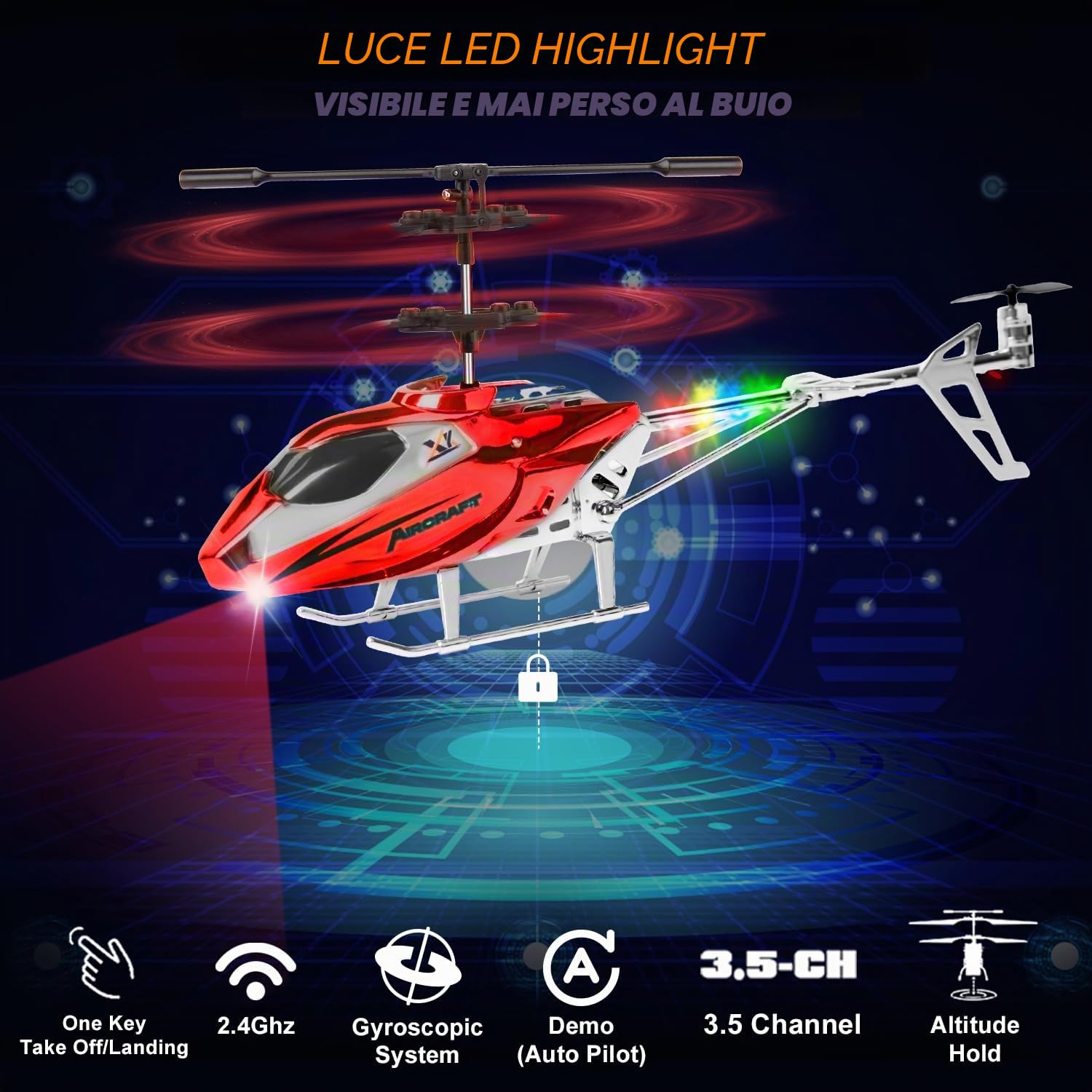 TERRAMUS Elicottero RC per ragazzi e adulti, 2.4G elicottero telecomandato con luce LED per bambini dai 12 anni in su, 3,5 canali, giroscopio, altezza fissa, avvio con un pulsante, regalo aereo RC