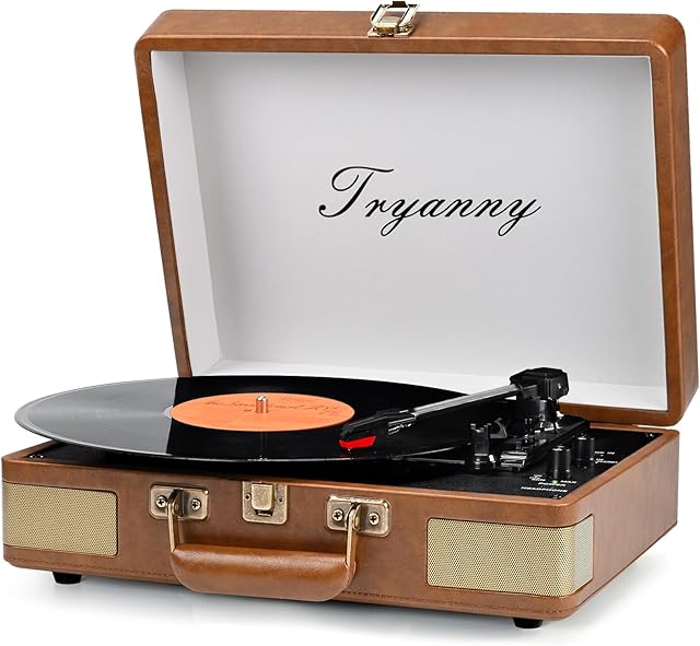 Tyranny Record Player 3 Speed Bluetooth Portable Suitcase Vinyl Player with Built-in Speakers Turntable Enhanced Audio Sound PU Leather Retro Almond