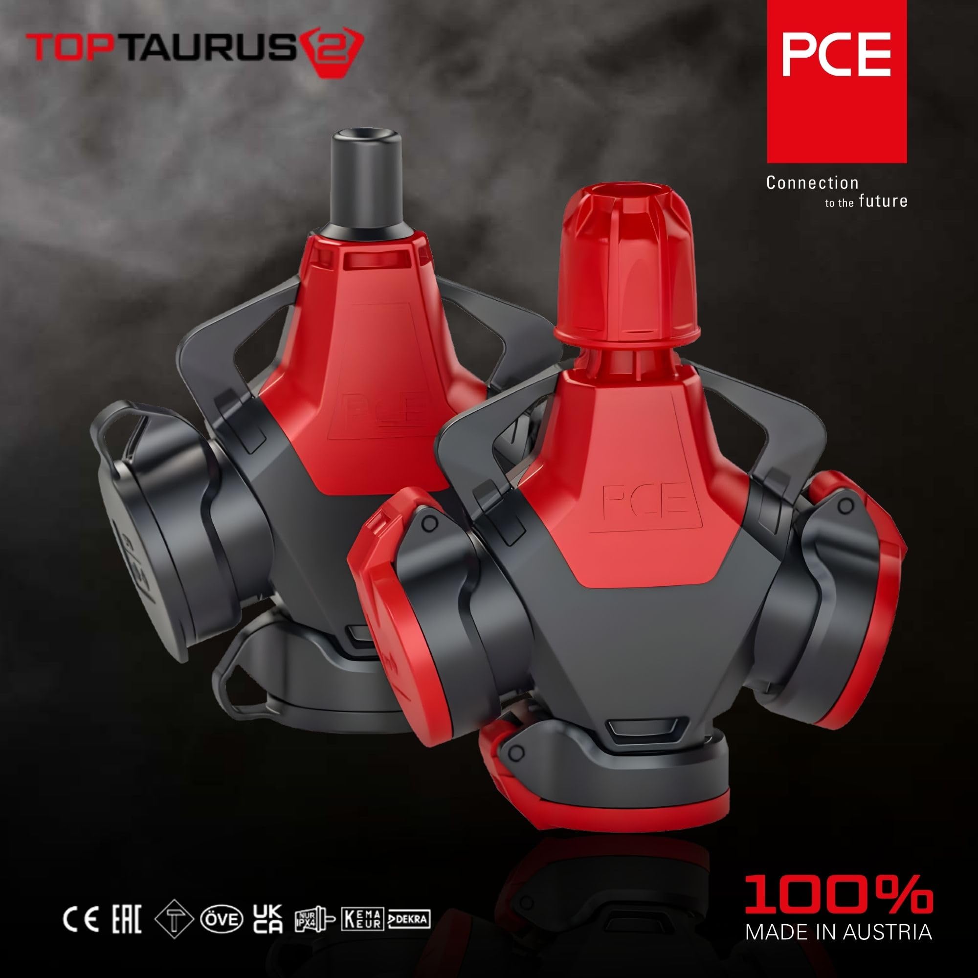 PCE 253822-sr5 TopTaurus2 3-Wegekupplung Vollgummi - 16A 250V IP54 | Schutzkontaktkupplung 5-polig Typ F - Schuko Verteiler mit Klappdeckel für Baustelle und Industrie - Schwarz-Rot