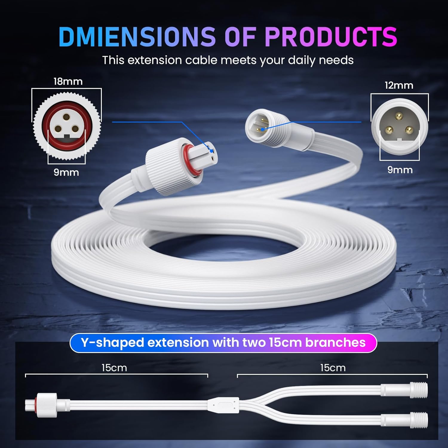13FT Extension Cable with Y-Splitter for Gov-ee Permanent Outdoor Lights (H705A-H706C) | IP68 Waterproof 22AWG Pure Copper Wire | Includes 15cm Branch Connector(1, White)