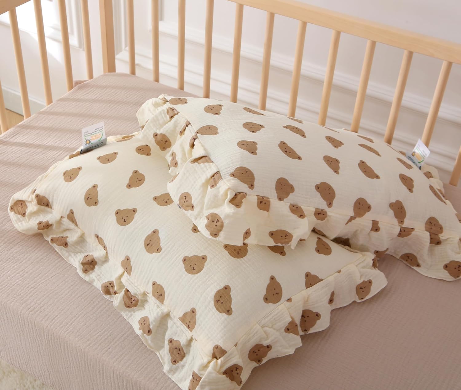 100% Cotton Muslin Toddler Pillowcases 2 Pack，13"x 18" Ultra Soft Breathable Travel Pillow Case Cover, Ruffle Pillow Case for Kids, Boys, Girls, All Season use, Machine Washable