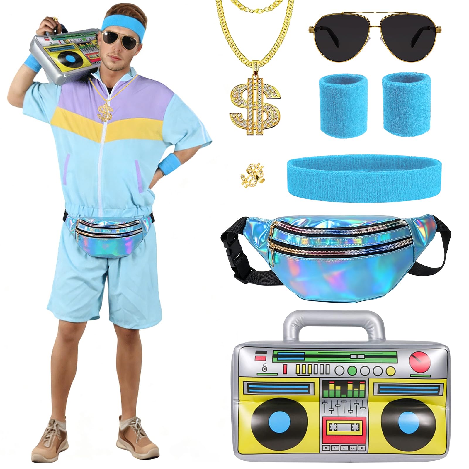 Disfraces Años 80 Hombre Mujer Verano, Chándal Retro Corto Conjunto con Riñonera, Radio Inflable y Accesorios,Disfraz Chándal Años 80 para Rockstar Carnaval y Fiestas Temáticas