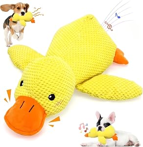 Yellow Calming Duck Squeaky Dog Toy, Soft Plush Pillow with Quack Sound, Interactive Chewing Toy for Aggressive Chewer Dogs