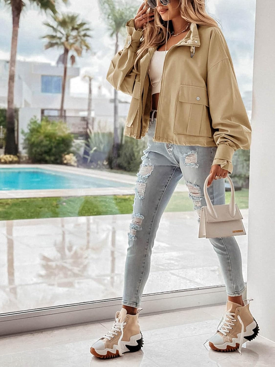 Tankaneo Womens Cropped Bomber Jacket Long Sleeve Zip Up Casual Coats Loose Fit Outerwear with Pockets