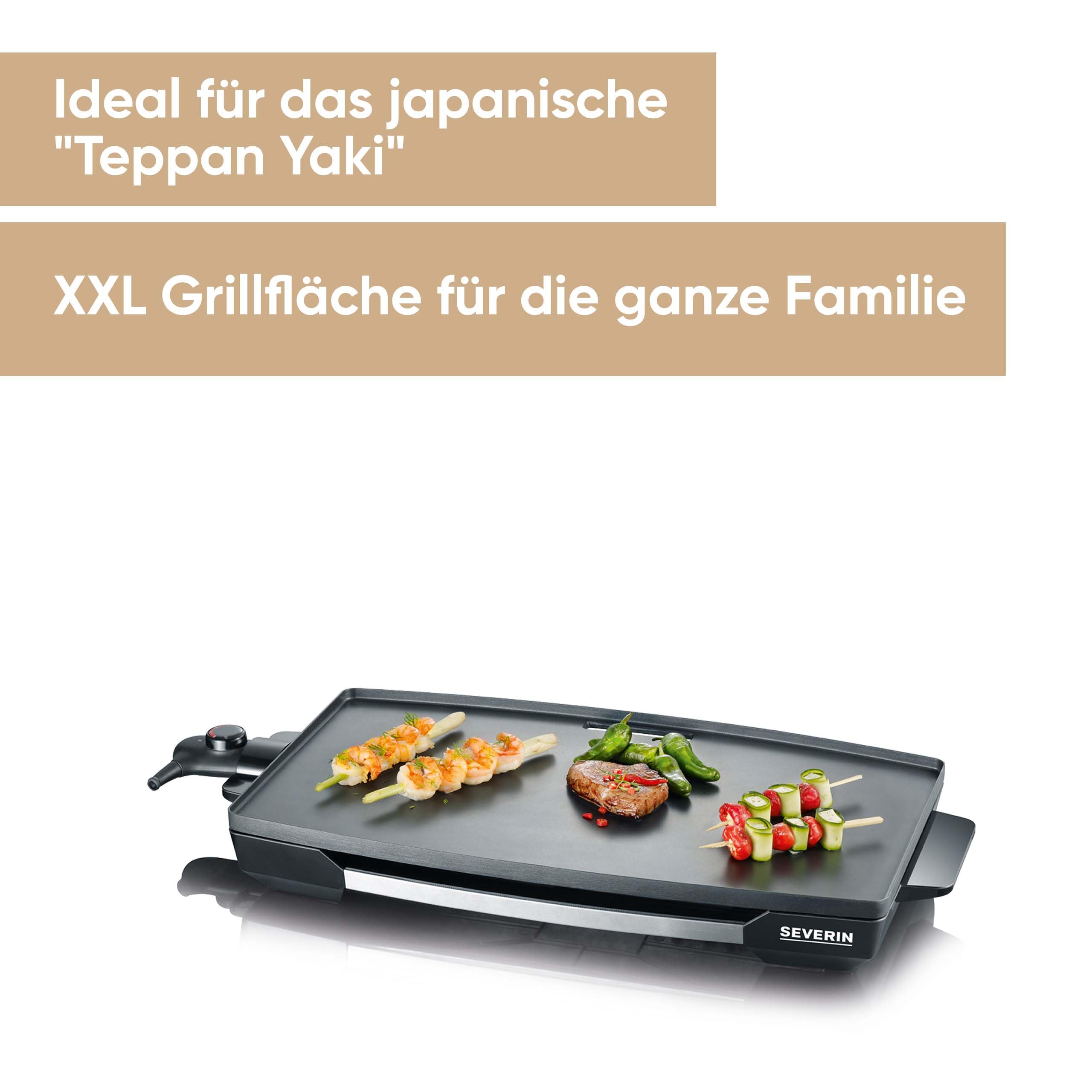 SEVERIN Tischgrill für Fleisch, Fisch und Gemüse, XXL Teppan Yaki Platte mit Antihaftbeschichtung, Elektrogrill mit Fettauffangschale und Temperaturregler, schwarz, KG 2397