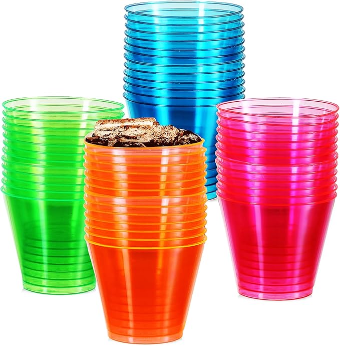 StarMar 50 Pack Neon Plastic Cups, 9 oz Hard Plastic Party