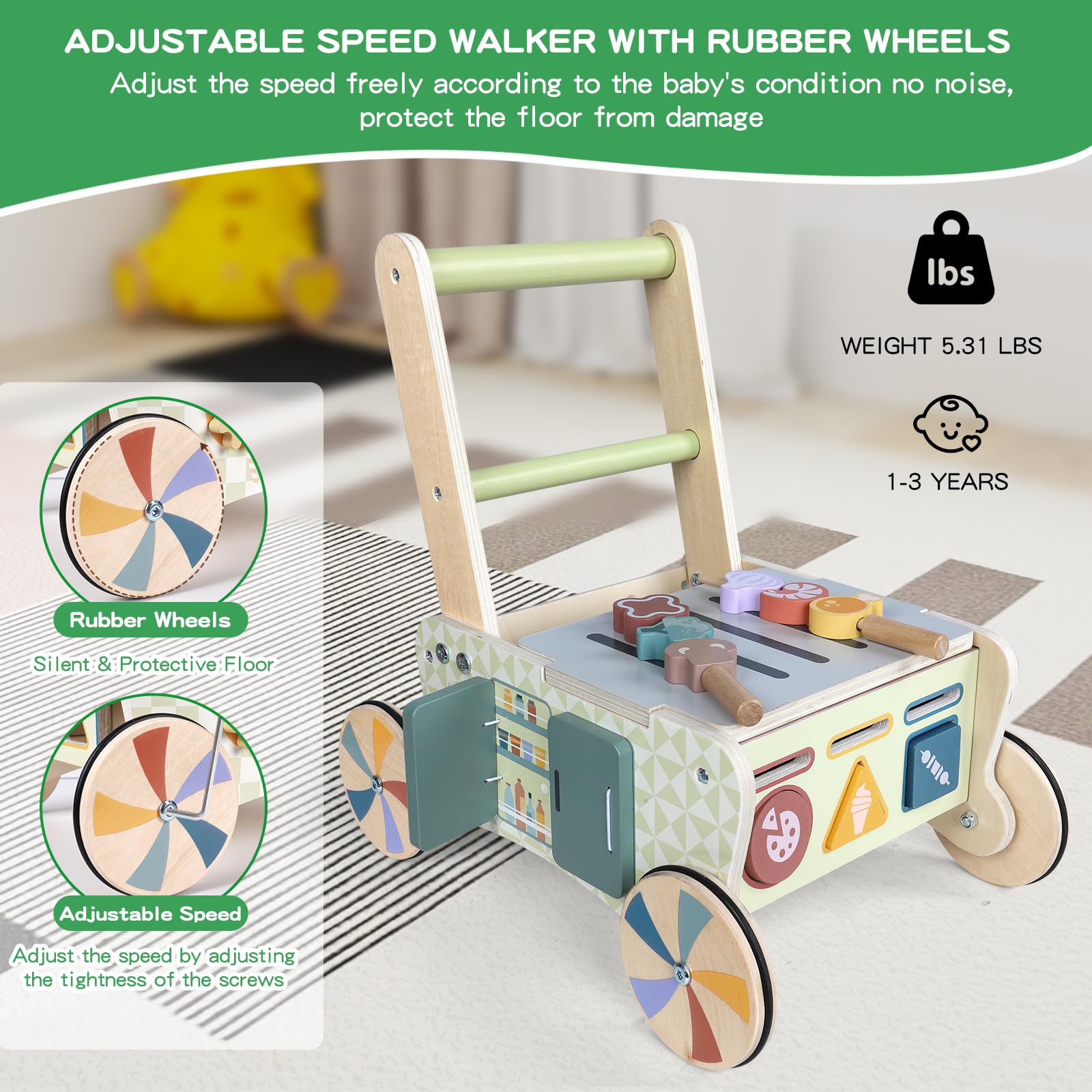 Girello per Bambini in Legno Carrello Primi Passi con Giochi Interattivi Montessori Baby Walker Cucina da Gioco Giocattoli Bambino 1 Anno Regali di Natale Capodanno Battesimo per Bimba e Bimbo