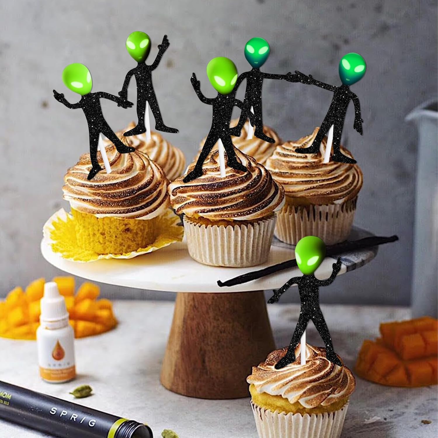 18pcs Black Glitter Glow Alien Dessert Cupcake Topper Space Invaders Theme Decor Supplies Baby Shower Boys Girls Happy Birthday Party Decorations