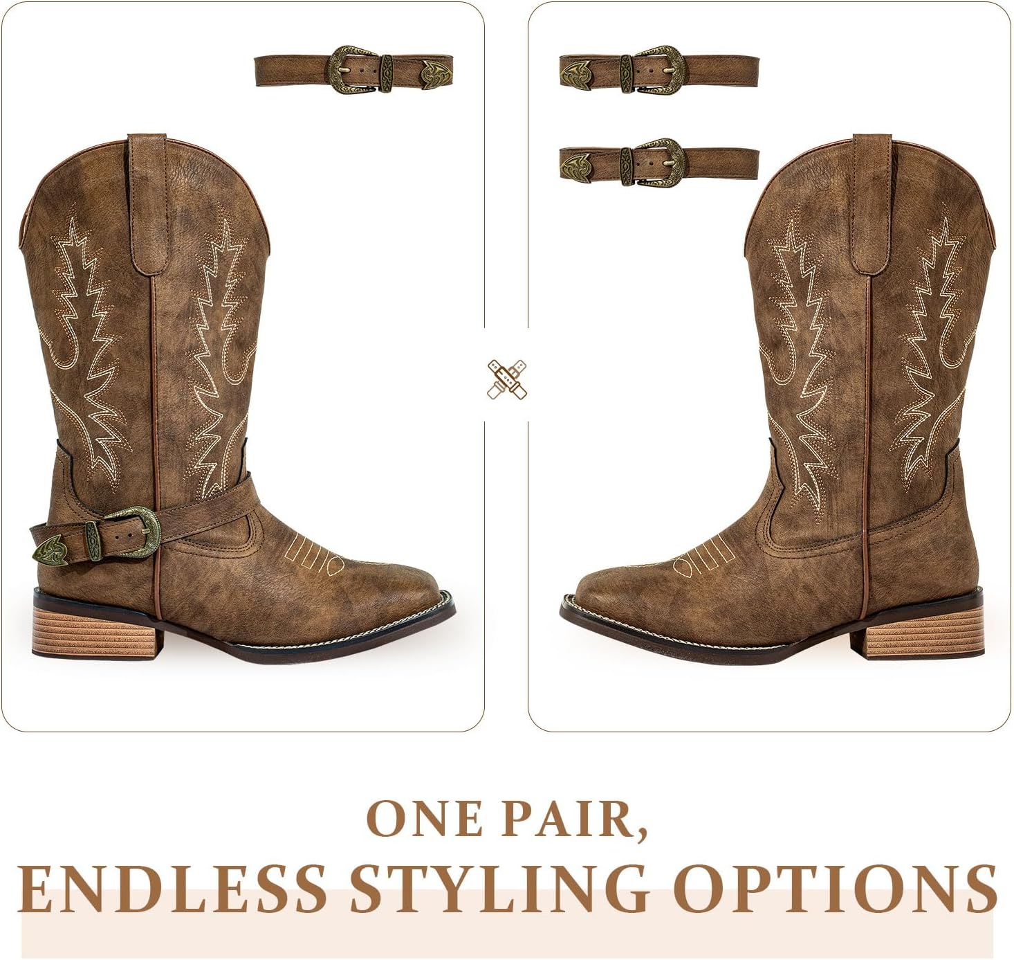 SheSole Extra Wide Calf Cowgirl Boots for Women with Buckles - Cowboy Boots with Hidden Stretch Panel & Removable Cushion - Comfort Square Toe Western Boots for Fuller Figures