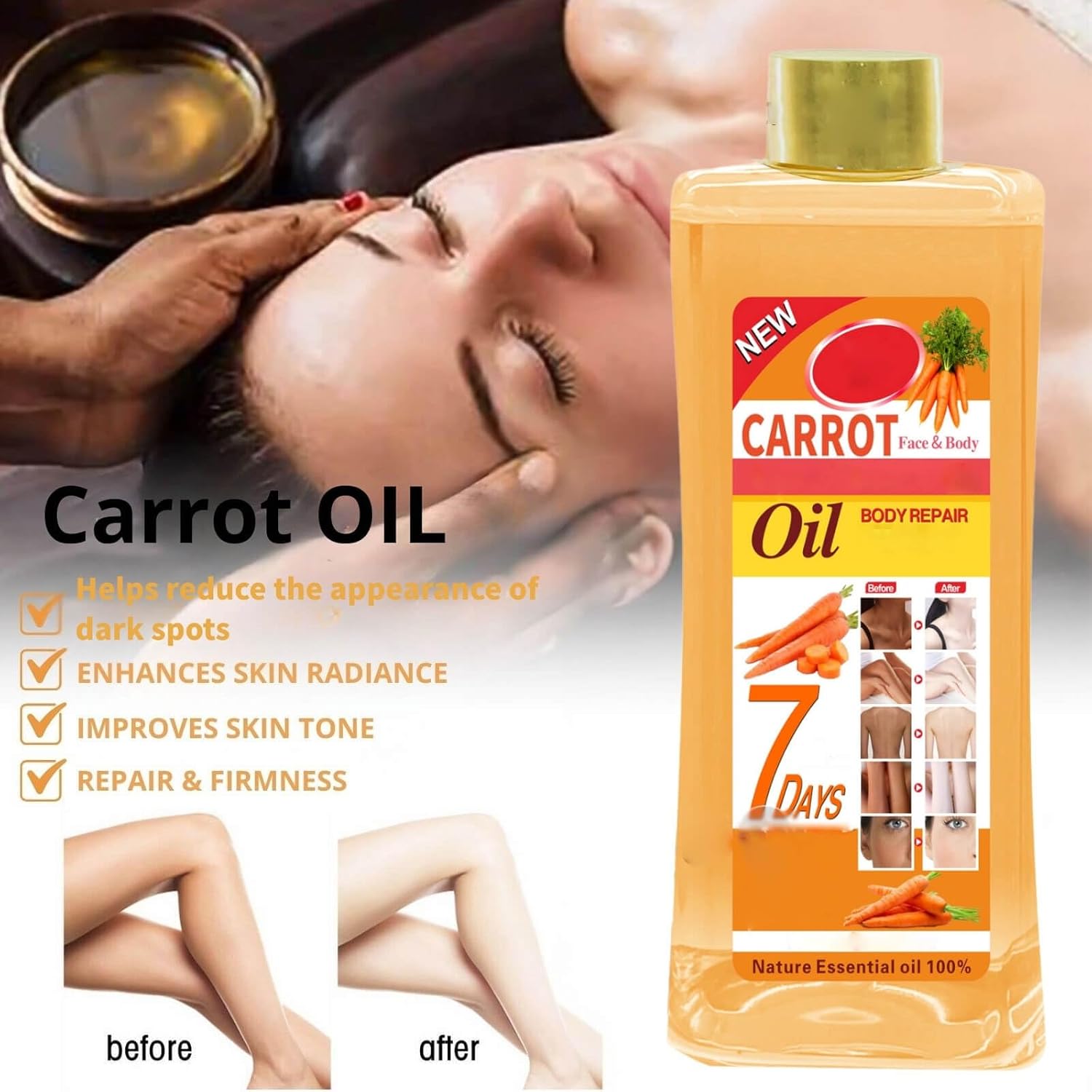 1000ml Carrot Oil for Skin Brightening - Organic Carrot Oil for Face - Soft 7 Body Oil, Moisturizing