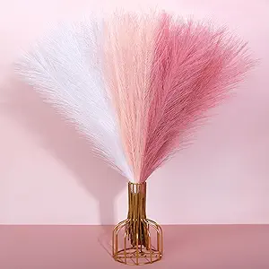 60 Pcs Pink Faux Pampas Grass, 17.7 Inch Fluffy Artificial Colored Pompas Grass Fake Short Pompous Blush White Boho Vase Filler Bulrush Flower Arrangement for Home Wedding Party Room Decorations