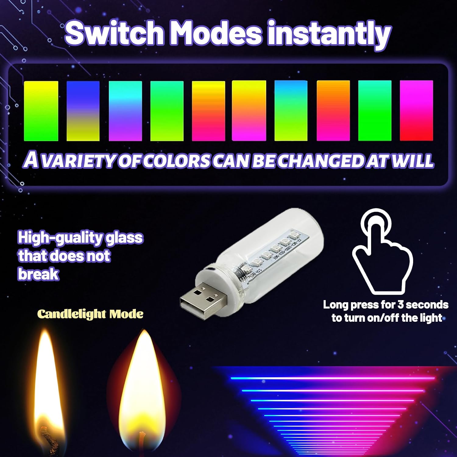 New Car USB Lights, 13 in 1 Touch Adjustment USB LED Car Lights, Mini Glass Bottle LED Bulb Night Lights, Switch Memory Retention, 13 Modes & 7 Colors for Vehicle Bedroom Camping Holiday (3Pcs)