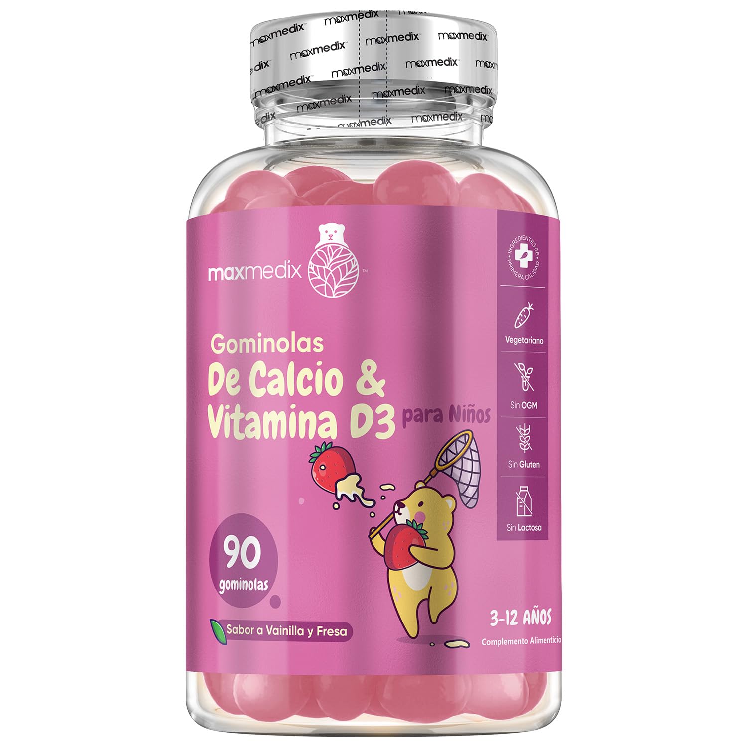 Calcio y Vitamina D3 para Niños - 90 Gominolas, Sabor a Vainilla y Fresa - Suplemento para Niños para su Crecimiento y Desarrollo - 45 Días de Suministro - Sin Lactosa ni Gluten
