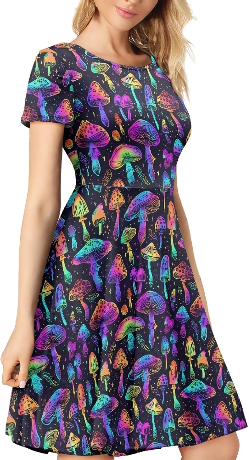 KiuLoam Women Short Sleeve Midi Dresses Party Elegant Casual Crew Neck A-Line Dress Tshirt Sundress