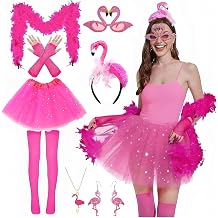 8-piece Flamingo Costume, Flamingo Cosplay Christmas Costumes,Hawaiian Luau Party Outfits Set, Glitter Flamingo Earrings,Sunglasses, Skirt, Flamingo tattoos For Flamingo Themed Party