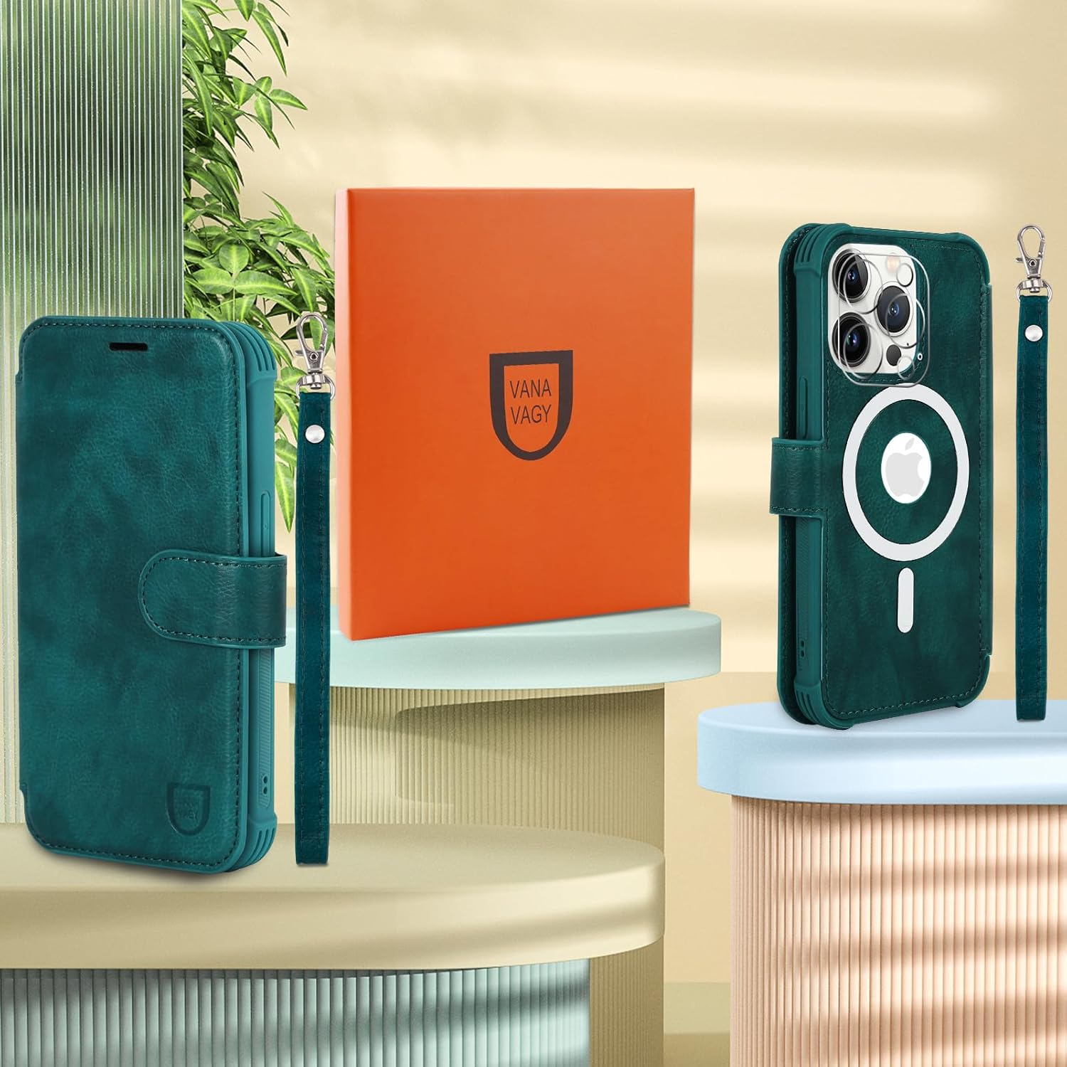 VANAVAGY Compatible for iPhone 13 Pro Wallet Case for Magsafe Wireless Charging, PU Leather Flip Folio Phone Case with Wrist Strap RFID Blocking Card Holder Screen Protector,Midnight Green - Image 8