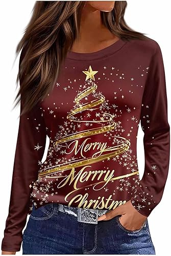 Women Boat Neck T Shirts Happy Vacation Christmas Casual Tee Tops for Women Long