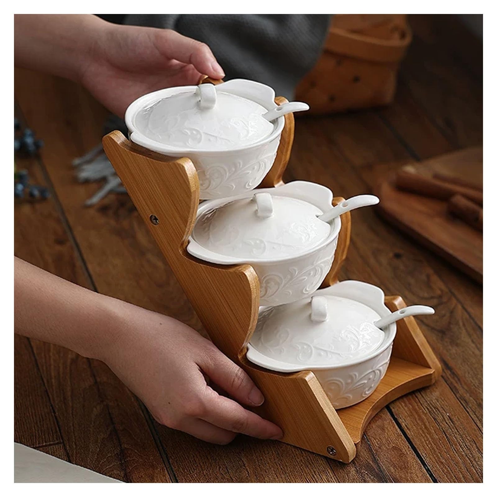 Set di 3 barattoli for spezie in ceramica, zuccheriera con coperchio e cucchiaio, stoviglie for spezie, sale for spezie con vassoio da portata for tè, sale for caffè, salsa di zucchero