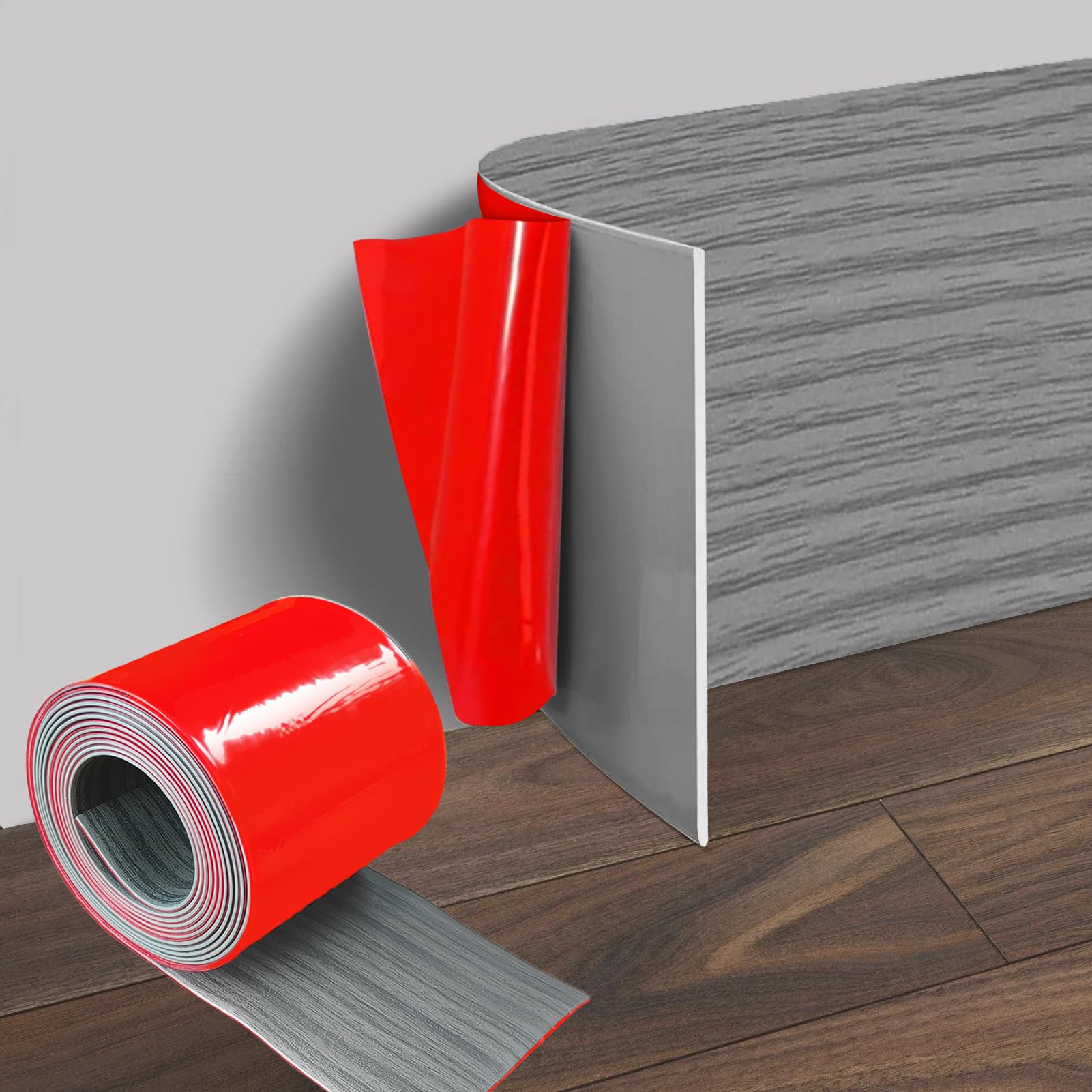 Rodapiés autoadhesivos de PVC, 10 cm x 10 m, listón de cocina, rodapiés autoadhesivos, moldura decorativa, fácil de cortar, listón plano, para sala de estar, dormitorio, veta de madera gris