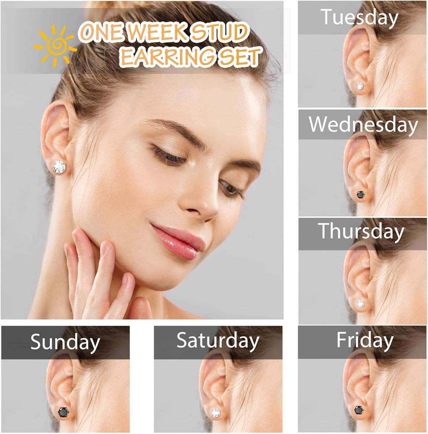 Silver Gold Black Stud Earrings Set 7Pairs Hypoallergenic Cubic Zirconia Titanium Stainless Steel Silver Rose Gold Black CZ Cartilage Stud Earrings Jewelry Sets for Women Men, 2-8mm CZ Stud Earrings - Image 4