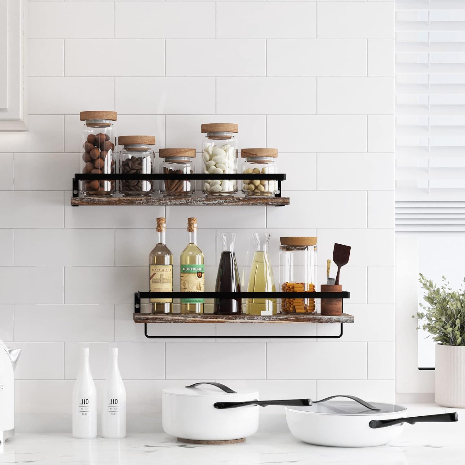 Floating Shelves for Wall, Bathroom Shelves with Towel Bar, Wall Mounted Storage Shelves for Kitchen, Bathroom, Set of 2 White Washed image 5