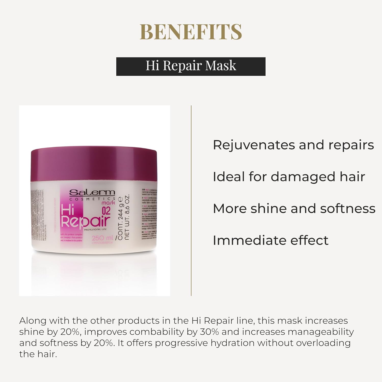 SALERM - Repairing Hair Mask - Hi Repair Mask 02-250 ml - Deep Hydration for Damaged Hair - Repairs and Rejuvenates - Shinier and Softer Hair - Immediate Effect - Image 3
