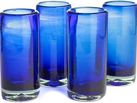 Classic Mexican Hand Blown Shot Glasses Set of 4 Full Cobalt Blue 2 oz Hand-Blown Recycled Glassware Durable Artisanal Barware