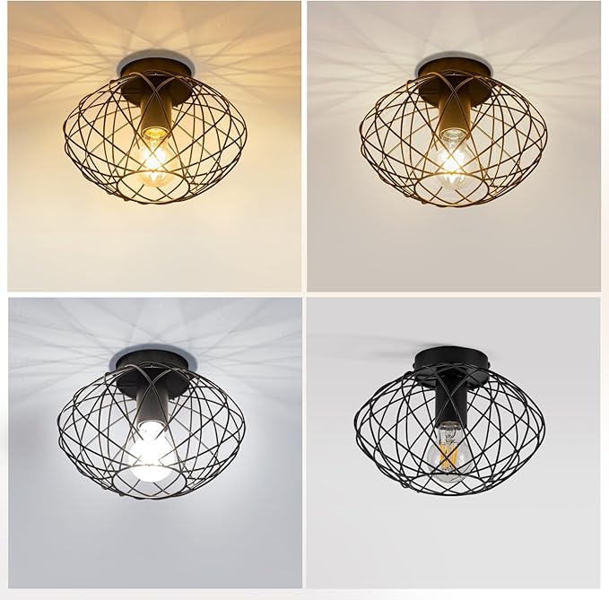 Glitzerlife Plafondlamp Retro Hallamp Vintage Zwarte Plafondlamp Industrieel E27 1 Lamp Retro Metaal Lampenkap Rond Keukenlamp Plafond Gang Woonkamer Slaapkamer Diameter 25 cm photo 3