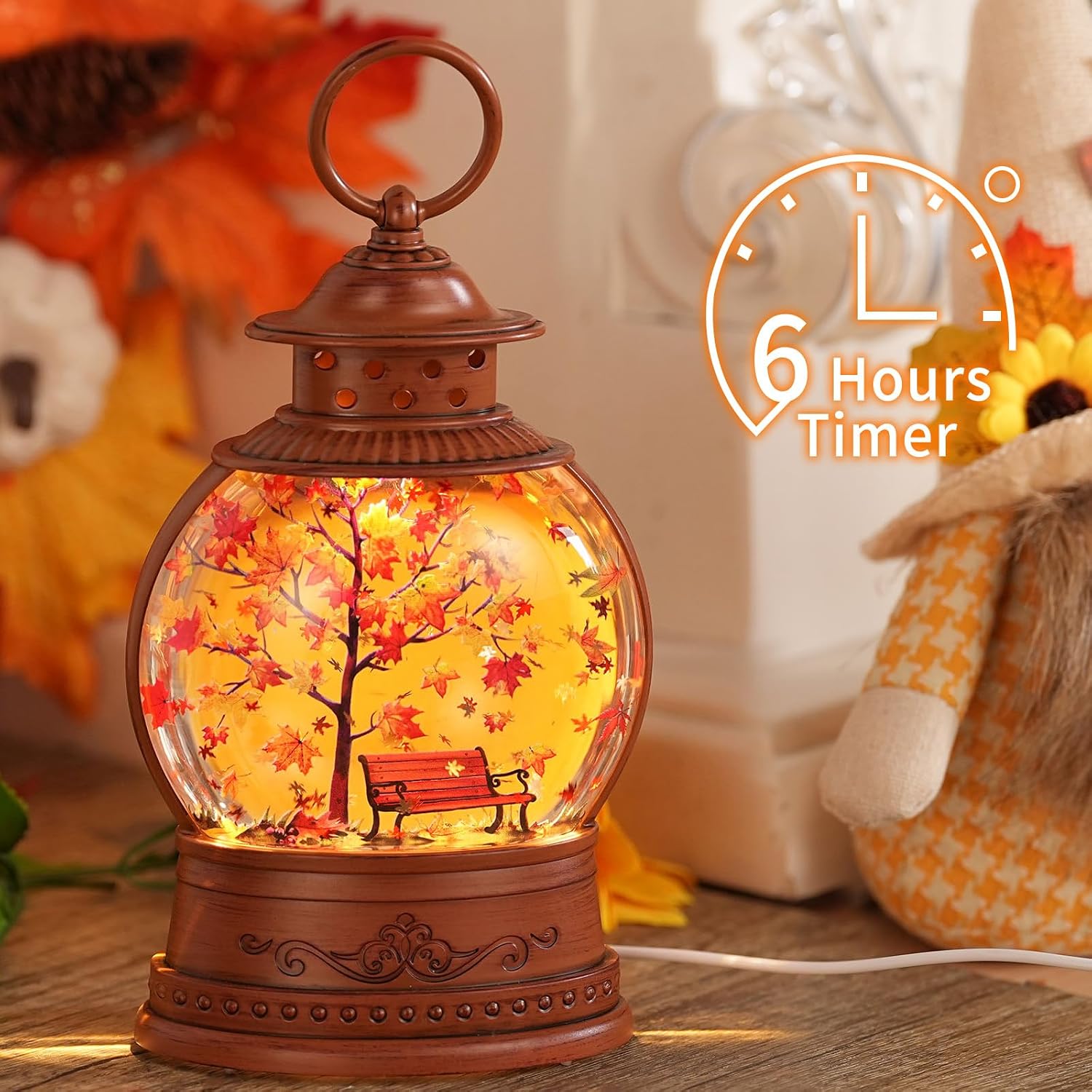 Fall Snow Globe Lantern Fall Decorations for Home Lighted Autumn Thanksgiving Decor with 6H Timer Maple Leaf Bench Scene Glitter Snows Globes, USB/Battery Operated