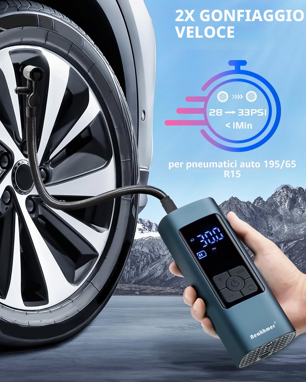 Mini compressore d'aria portatile,150PSI compressore elettrico ricaricabile | 12 V 6000 mAh,pompa ad aria con manometro, per auto, bicicletta, moto, palloni, autooff, power bank USB