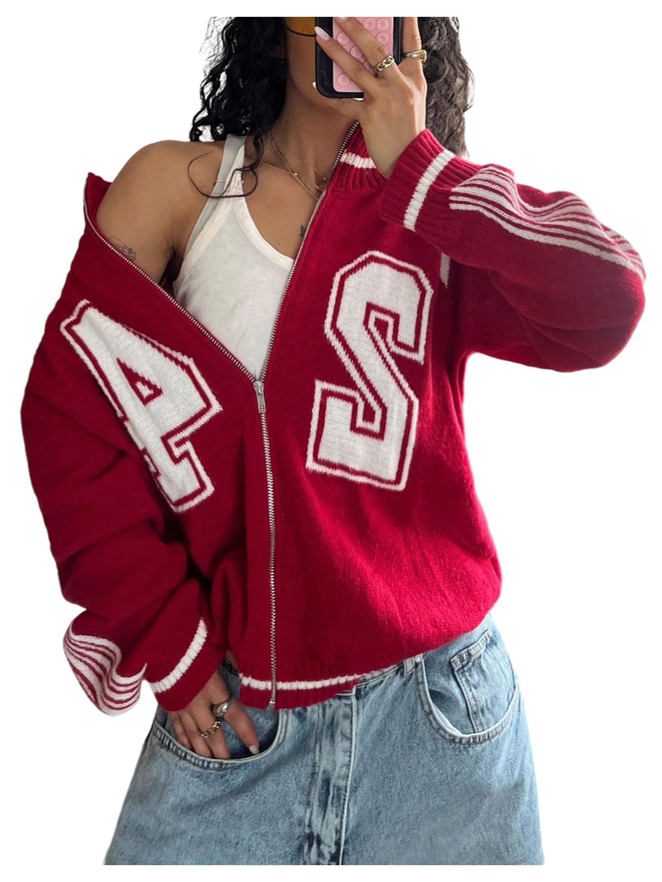 MakeMeChic Womens Number Graphic Jersey Cardigan Mock Neck Zip Up Long Sleeve Y2k Sweater