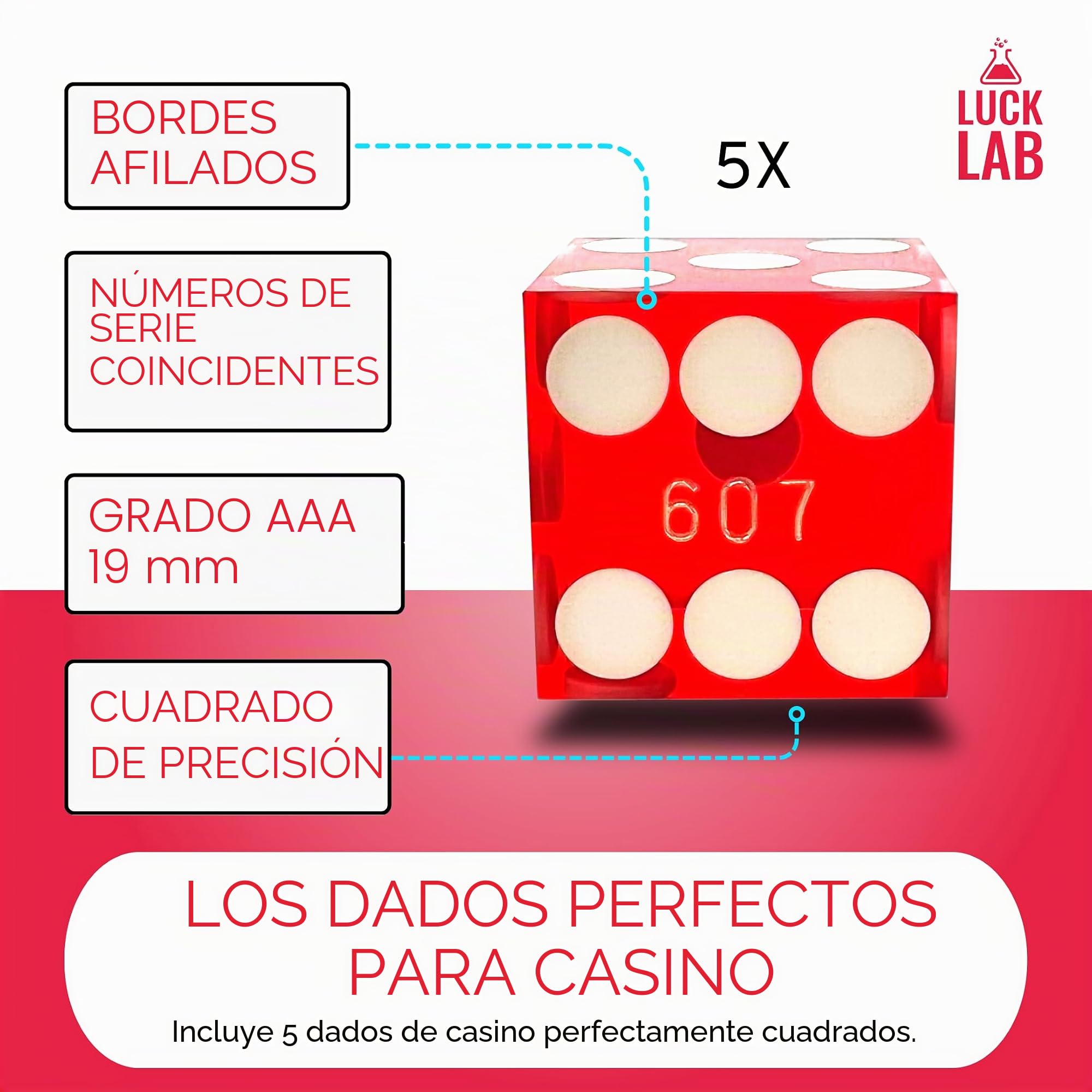 Luck Lab Juego de 5 Dados de Casino de Grado AAA de 19 mm con Bordes de maquinilla de Afeitar y números de Serie a Juego y Estuche de Cuero para Dados (Rojo)