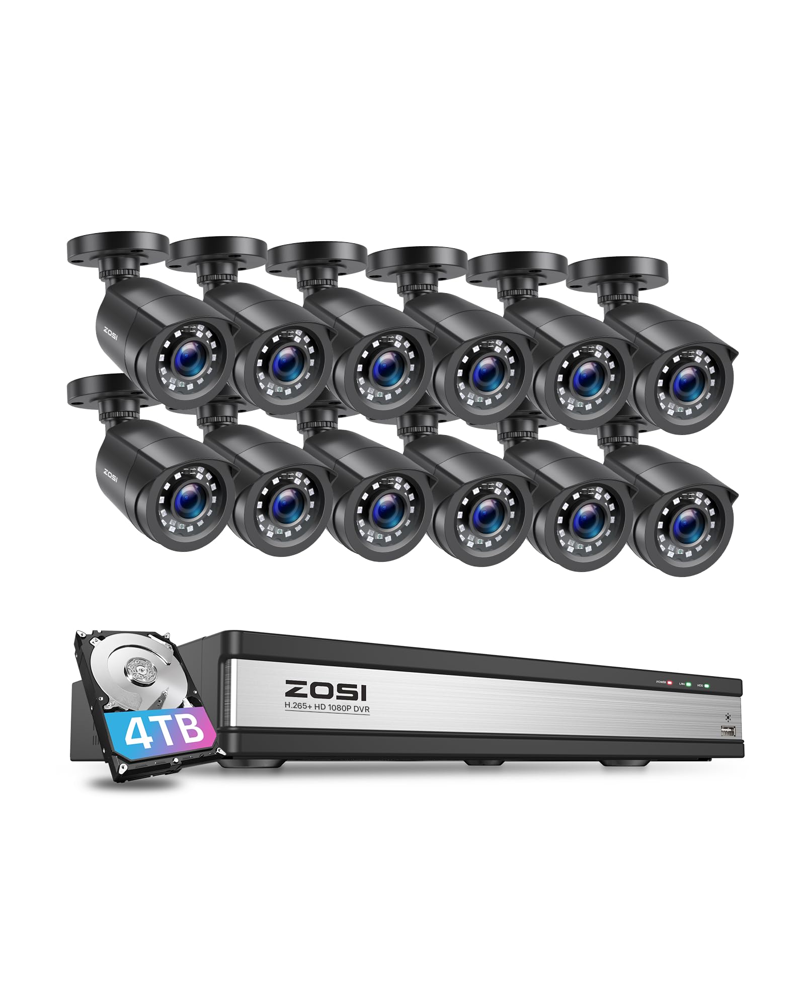 Zosi Black 1080P 16Ch Security Camera System,16 Channel H.265+ 5Mp Dvr With 4Tb Hdd And 12Pcs Outdoor Indoor 1920Tvl 2Mp Cctv Bullet Cameras With 80Ft Long Night Vision, Human Vehicle Detection