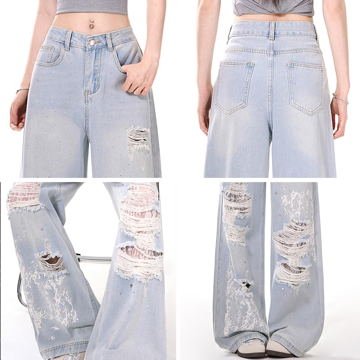 Vintage Cute High Waisted Straight Leg Denim Pants Fashion Y2K Lace Rhinestone Printed Ripped Fringe Jeans - Image 6
